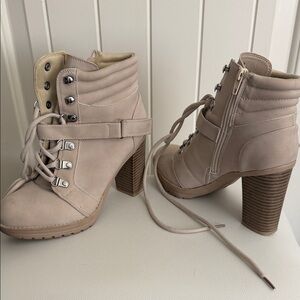 Lace-Up Taupe Block Heel Ankle Boots with Side Zip